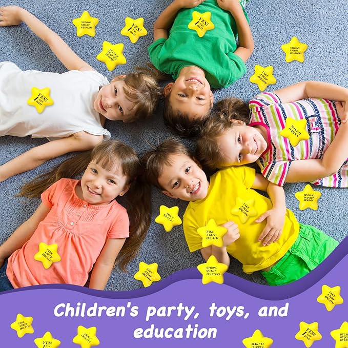 Chalyna 30 Pieces Motivational Star Stress Ball Quote Relief, 2.2 Inch PU Foam Stress Toys Bulk Sensory Star Toy Gifts for Kids Teens Adults Relieve Anxiety Party Supplies(Yellow)