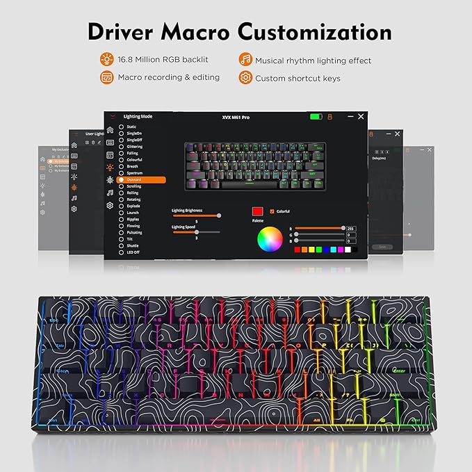 HITIME 60% Percent Keyboard, Topographic Theme Keyboard, XVX M61 Pro Bluetooth/2.4GHz/USB-C Wireless Mechanical Gaming Key Board, Hot Swappable Creamy Pre-lubed Switch, RGB