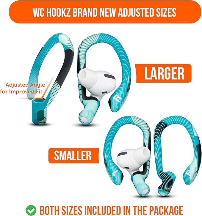 WC HookZ - Patented Upgraded Over Ear Hooks for AirPods Pro 1, 2 & AirPods 1, 2 & 3- Two Size Pairs Included in Package, Unique Left & Right Hook, Made by Wicked Cushions | Cyan Prism