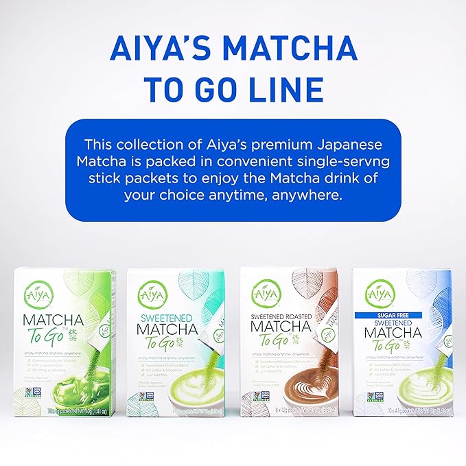 Aiya Sugar-Free Sweetened Matcha To Go Sticks - Stevia Sweetened Packets, Premium Japanese Matcha Powder, Gluten-Free - 10 Single-Serving Sticks