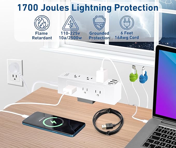 Desk Clamp Power Strip with USB C (20W PD) & USB A, 9 AC Outlets, Surge Protector, Flat Plug, 6.5ft Extension Cord – Desk Mount Power Station with Cable Management Kit for Home & Office– White
