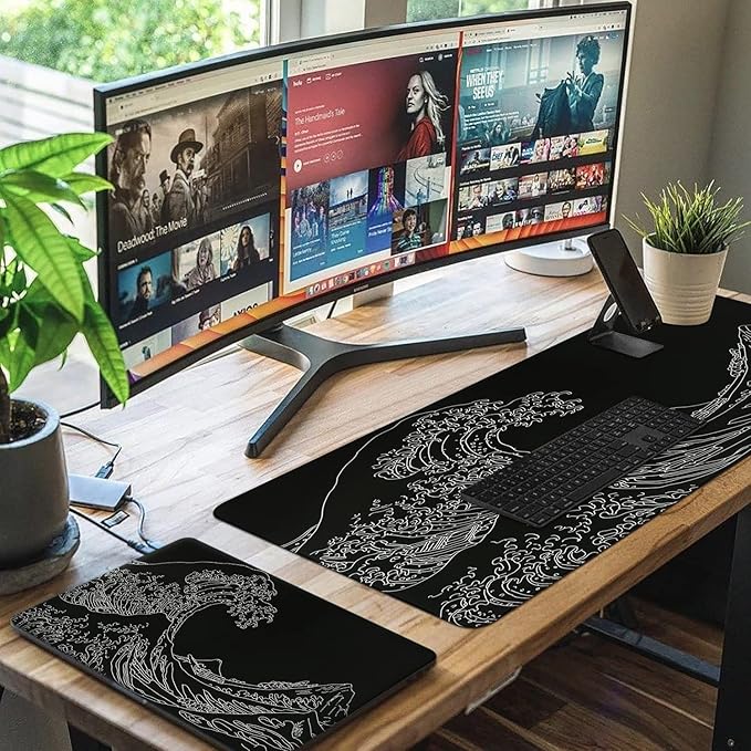 iCasso Mousepad, Gaming Mouse Pad, XXL Large Desk Mat, Big Rubber Base Mouse Mat with Stitched Edges, Computer Keyboard Desk Pad for Work, Game, Office, Home - Black Wave of Kanagawa