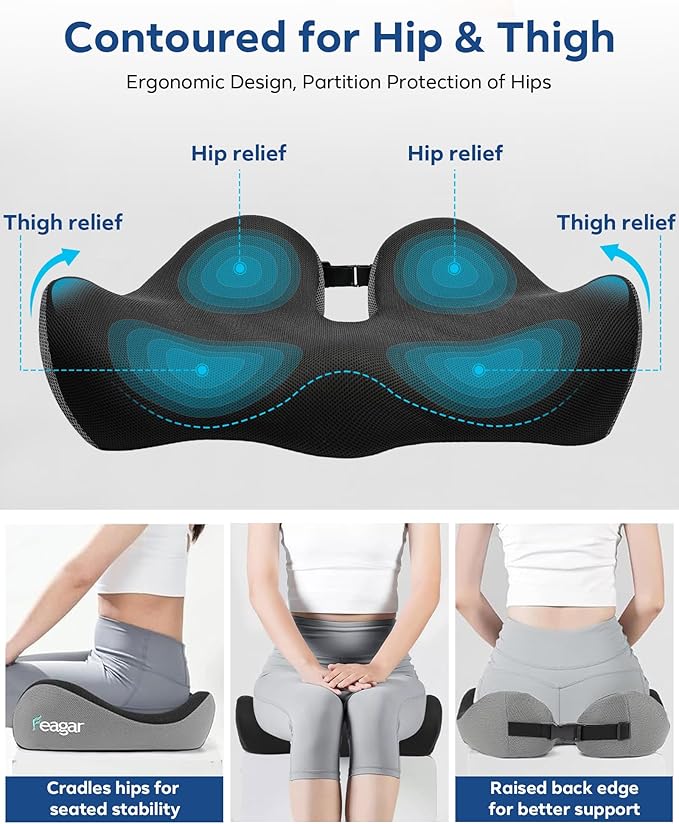 Feagar Seat Cushion - Office Chair Cushion for Hip, Sciatica & Tailbone Pain Relief - Memory Foam Pressure Relief Seat Cushion, Large Wrapped Design for Wheelchair, Car Seat & Long Sitting (Gray)