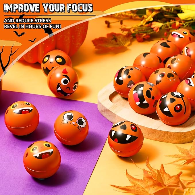 Libima 24pcs Halloween Face Stress Balls Bulk 2 Inch Foam Face Squeeze Balls Mini Orange Funny Stress Relief Ball for Kids Adults Coworkers Relief Squeeze Finger Exercise School