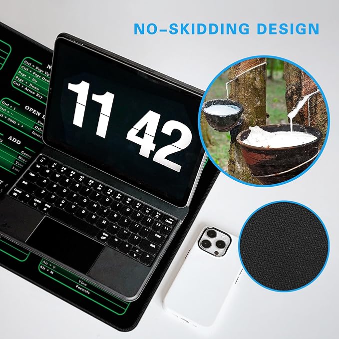 Excel Cheat Sheet Desk Pad, 31.5"x11.8", Waterproof Extra Large Excel Shortcut Mat with Stitched Edges, Anti-Slip Excel Mouse Pad for Office Desk, MS Excel/Word Shortcuts (Green Excel A)