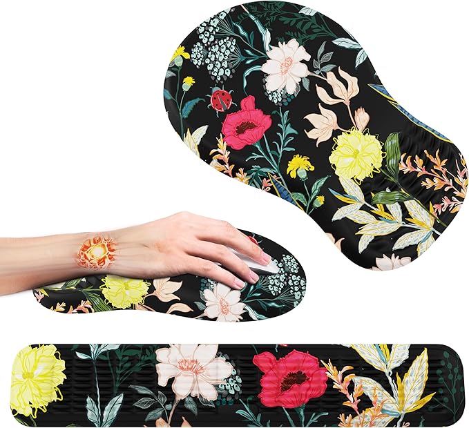 MEKASS Ergonomic Mouse Pad and Keyboard Wrist Rest Set, Super Soft Memory Foam Desk Wrist Support for Computer Keyboard, Non-Slip Arm Palm Rests Cushion for Typing Gaming Office (Jungle of Flowers)