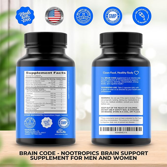 Brain Code Nootropic Brain Supplement for Memory and Focus | Supports Cognitive Health & Mental Clarity, Enhance Concentration | 90 Capsules
