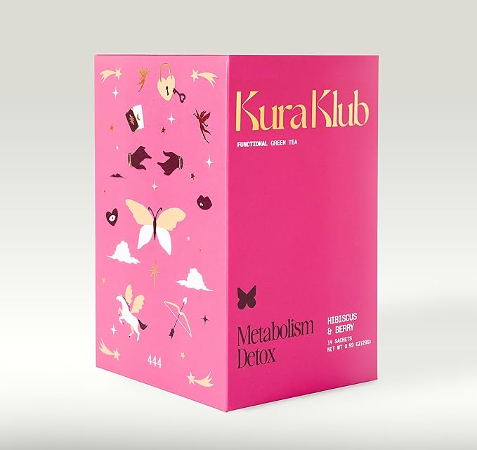 Kura Klub Green Tea Metabolism Blend — Herbal Detox & Beauty Support with Hibiscus| Clean Energy, Digestion & Bloat Relief | Strawberry Lemon Flavor | 14 Plant-Based Pyramid Tea Bags | No Microplastics