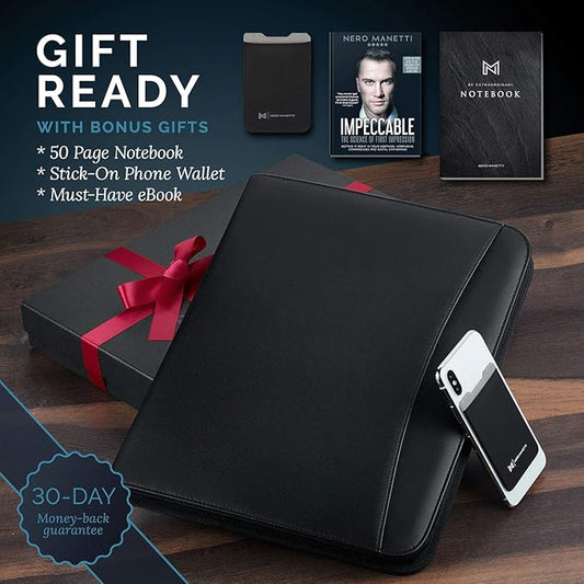 NERO MANETTI- Zippered Vegan Leather Padfolio/Portfolio Pad Holder-Business PU Leather Notepad Folder for Resumes, Interviews, iPad/Tablet, Phone, Legal Pad Notebook Executive Binder for Women, Men