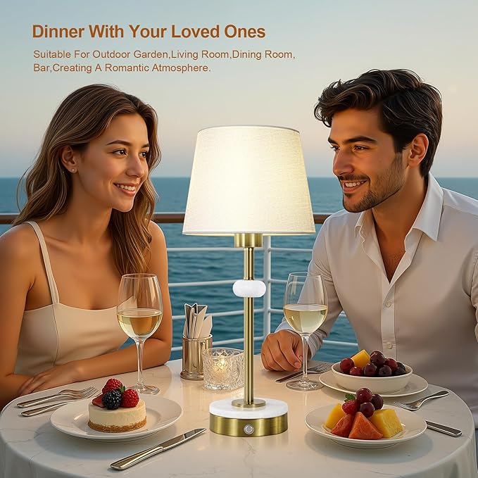 Gold Rechargeable Lamp, Table Lamps Set of 2, Cordless Lamp with Linen Shade, Marble Base, Touch Switch, 4400mAh Battery Operated Light for Desk Dinner Office Home Decor (Bulb Included)