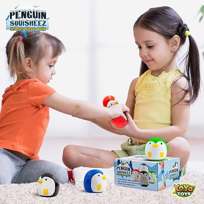 YoYa Toys Penguin Squisheez Squishy Stress Relief Balls (Set of 4) | Stretchy Fidget Animal Shaped Toys for Boys, Girls & Adults | Stretch Penguin Squeeze Toy | Great for ADHD, Autism, Anxiety