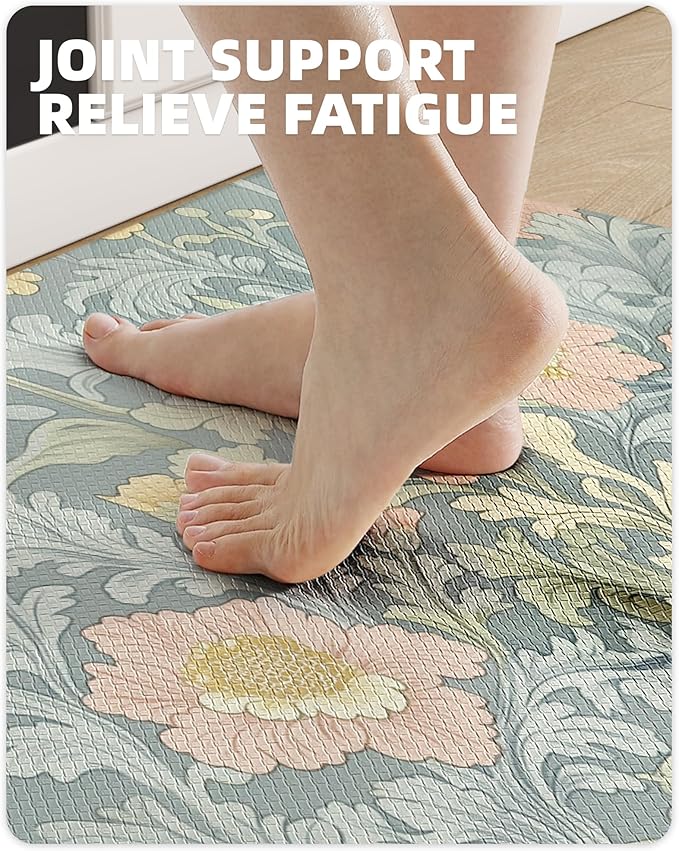 Color&Geometry Floral Kitchen Mat 24"x59", Anti Fatigue Mats for Kitchen Floor, Kitchen Rugs Non Slip, Waterproof & Oil Proof Kitchen Runner for Standing Desk Office, Sink - Dusty Blue