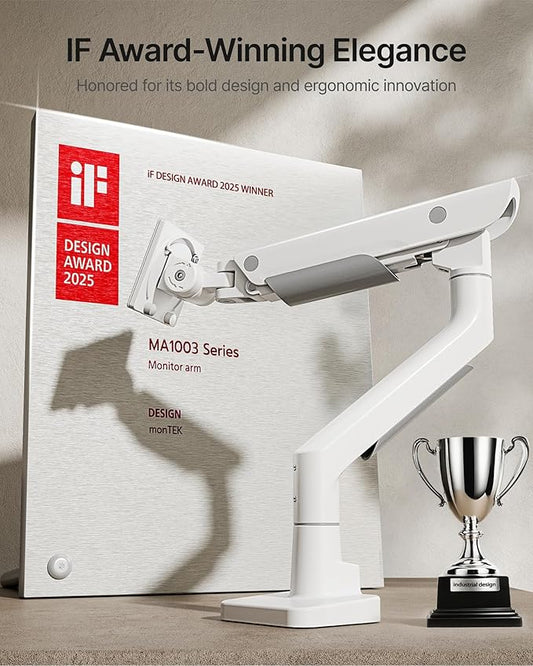 monTEK Sleek Aluminum Monitor Arm for 17–57” Ultrawide Screens up to 59 lbs, Heavy Duty Single Monitor Arm Desk Mount, Pneumatic Lift, Quick-Release Plate, Clamp/Grommet, Max VESA 100x100