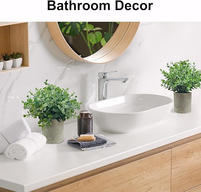 USLAI Small Potted Fake Plants(3-Pack), Mini Artificial Plastic Eucalyptus Plants Topiaries for Home Office Shelf Desk Farmhouse Room Coffee Table Decor