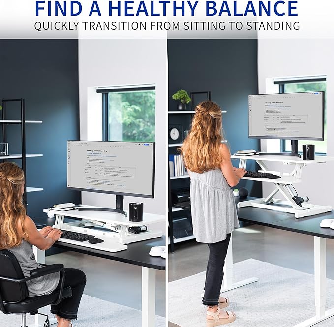 VIVO 36 inch Electric Motor Desk Converter, Height Adjustable Riser, Sit to Stand Dual Monitor and Laptop Workstation with Wide Keyboard Tray, White, DESK-VE36W