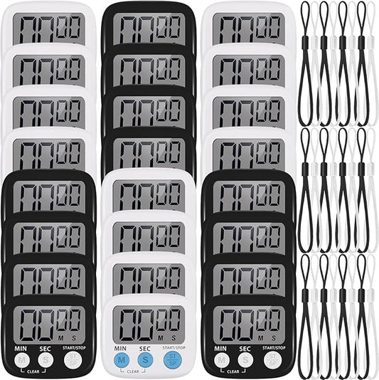Weewooday 24 Packs Small Digital Kitchen Timer Magnetic Back and Switch Minute Second Count up Countdown Big LCD Display Loud Alarm for Teacher Cooking Baking(Black, White)