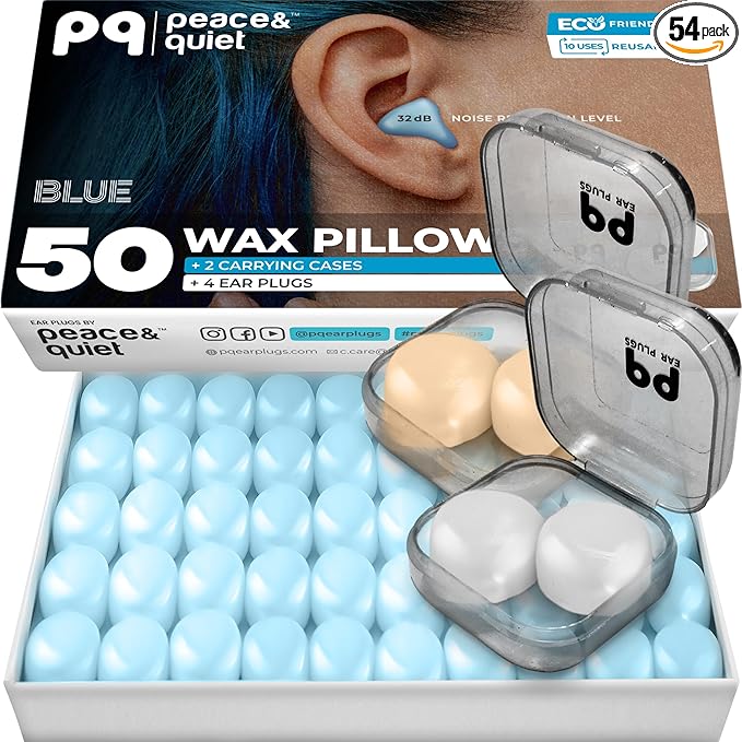 Peace&Quiet PQ Wax Ear Plugs for Sleeping, Swimming - 54 Noise Cancelling Silicone Gel Wax Earplugs, Ear Protection for Sleep and Swim, Soft Wax Pillows with Sound Blocking Level 32Db, (54 Pillows)