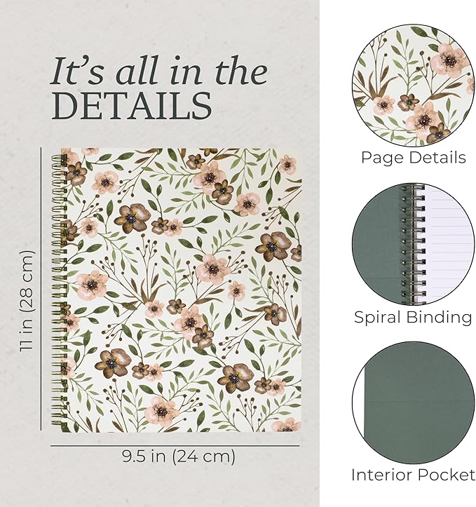 Steel Mill & Co Cute Large Spiral Notebook College Ruled, 11" x 9.5" with Durable Hardcover and 160 Lined Pages, Woodland Floral