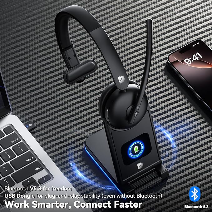 Wireless Headset with Mic for Work, Wireless Headset with Microphone (Noise Cancelling), Smart Mult-Func Dock, 65H Worktime&Fast Charge Bluetooth Headphones for Work/PC/Computer/Call Center/Teams/Zoom