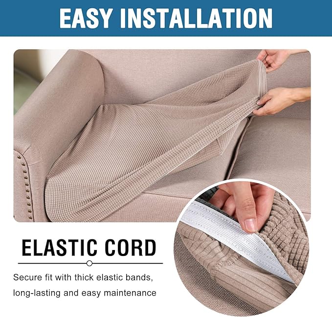 H.VERSAILTEX High Stretch Individual Seat Cushion Covers 3 Pack Thick Jacquard Textured Twill Fabric Sofa Slipcovers for 3 Couch Cushion Washable Couch Cover for Living Room Outdoor Patio,Sand