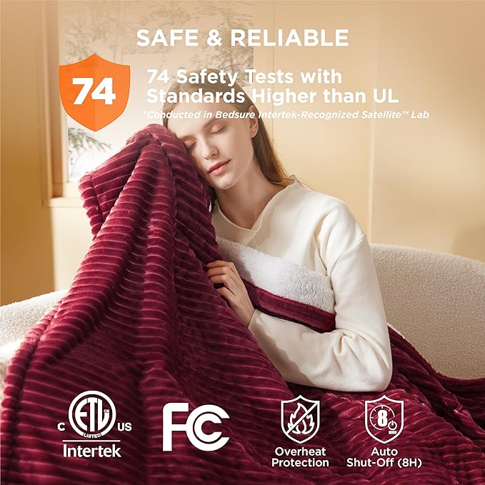 Bedsure GentleSoft Electric Blanket Full Size - Soft Ribbed Flannel Heated Blanket with 6 Heat Settings, Heating with 10 Time Settings, 8 hrs Timer Auto Shut Off, Gifts for Grandma (72"x84", Burgundy)