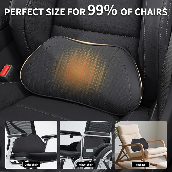 Lumbar Support Pillow for Car, Premium Leather Memory Foam Lumbar Cushion for Lower Back Pain Relief, Universal Back Support for Driving, Home & Office Chairs, Black, 1 Pack