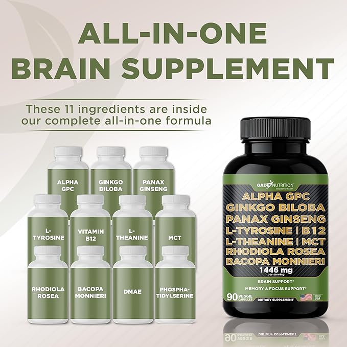 Gade Nutrition Alpha GPC + Ginkgo Biloba + Panax Ginseng + L- Tyrosine, L-Theanine, Bocopa Monnieri, Rhodiola Rosea, B12, MCT