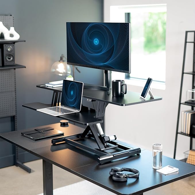 VIVO 47 inch Electric Motor Desk Converter, Height Adjustable Riser, Sit to Stand Dual Monitor and Laptop Workstation with Wide Keyboard Tray, Black, DESK-VE48B
