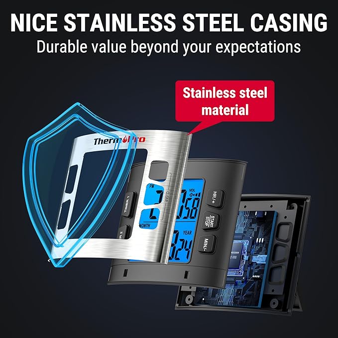 ThermoPro TM02 24 Hours Digital Timer with Dual Kitchen Timers for Cooking, Stop Watches Magnetic Timer Clock with Adjustable Alarm Volume & LCD Backlit Display, Classroom Timer for Kids & Teachers