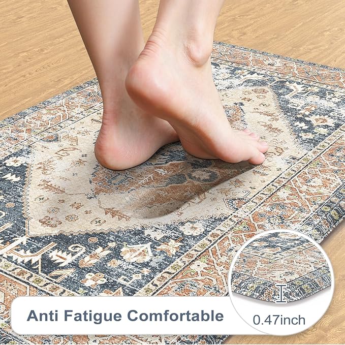 KIMODE Anti Fatigue Kitchen Mats for Floor,17.3" x 29" Cushioned Boho Vintage Kitchen Rugs,Non-Slip Waterproof Kitchen Sink Standing Mat Wipe Clean for Kitchen,Laundry Floor,Mutil-Blue