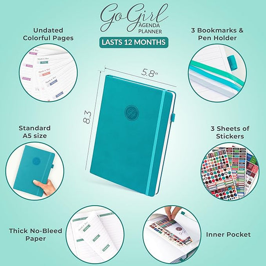 GoGirl Planner Agenda – Colorful Undated Monthly & Weekly Organizer for Women, Journal for Time Management & Productivity (Turquoise)