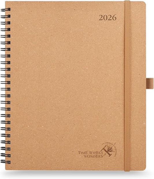 POPRUN 2026 Planner - 2026 Recycled Weekly Planner [Italian Regenrated Leather - Medium Size 8.5'' x 10.5''] - 2026 Weekly Planner with Hourly Schedule, Monthly Tabs,TJ-26-WERK7-DST - Desert Brown