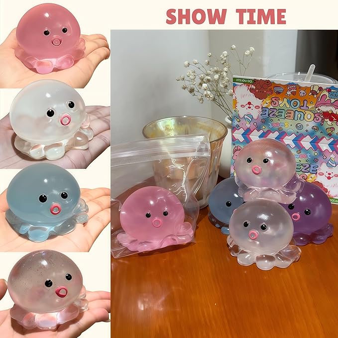 Cute Crystal Octopus Squishy Toys - Upgrade Clear Pink Blue Sequins Octopus Soft Sticky Toys, Animals Sticky Stress Ball, Stress Relief Fidget Sensory Toys, Birthday Office Favors for Adults (Blue)