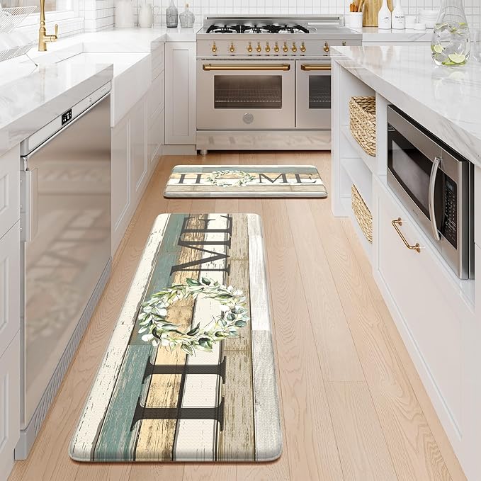 KIMODE Kitchen Mats 2PCS,Cushioned Anti Fatigue Farmhouse Kitchen Rugs and Mats,Non Skid Waterproof Kitchen Mats for Floor,Comfort Foam Standing Desk Mat for Home,Office,Sink,Laundry