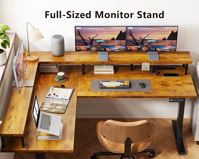 AODK Electric L Shaped Standing Desk, 59 Inch Height Adjustable Stand Up Desk with Power Outlets ＆ Full Monitor Stand, Reversible Corner Desk for Home Office ＆ Computer Workstation, Rustic Brown