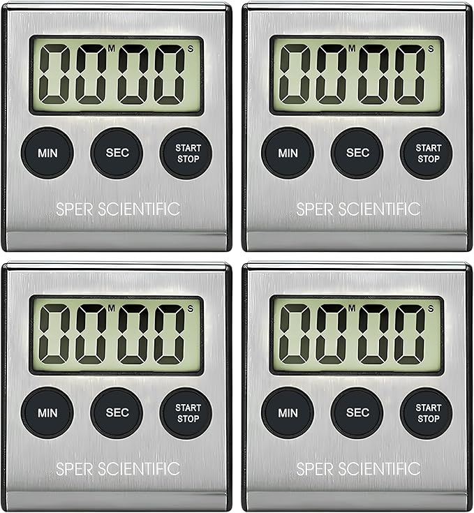 Sper Scientific Stainless Steel Digital Lab + Kitchen Timer 810028A – Compact Design Timer with Large Display & Loud Alarm - for Cooking, Baking, Labs, Workouts & More - 4 pc