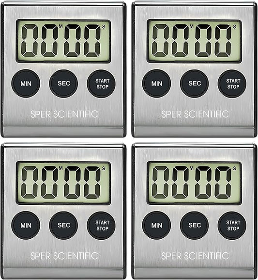 Sper Scientific Stainless Steel Digital Lab + Kitchen Timer 810028A – Compact Design Timer with Large Display & Loud Alarm - for Cooking, Baking, Labs, Workouts & More - 4 pc