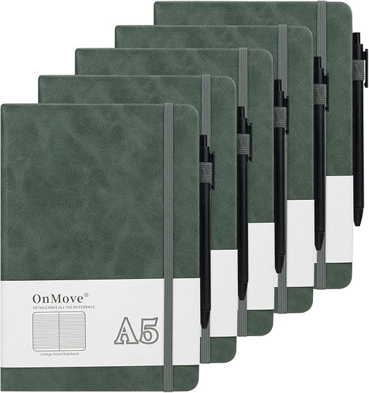 Notebooks Journal for Women Men 5 Pack Bulk Leather Hardcover with Pen Holder A5 160 Pages 100 GSM Thick Paper for Work School Lined Green