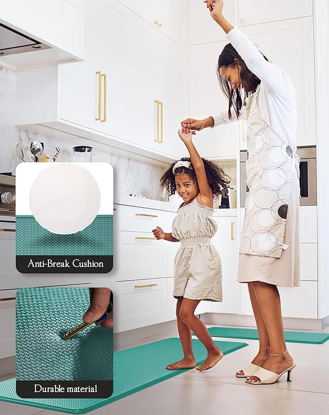 Anti-Fatigue Kitchen Mat Set – 2-Piece Memory Foam Cushioned Mats for Standing – Teal, 18×30 & 18×60, 0.4 in Thick, Waterproof, Non-Slip – Homergy