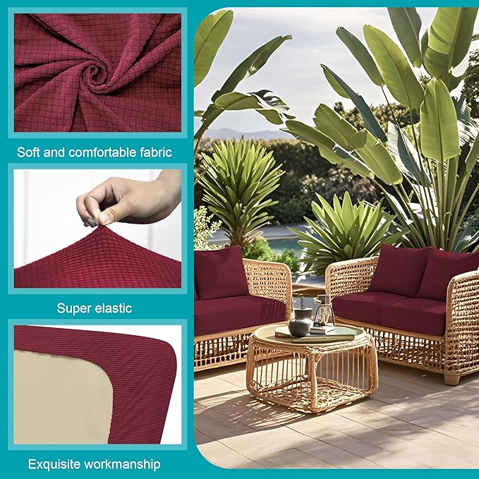 14Pcs Stretch Patio Cushion Covers,Outdoor Couch Covers Replacement,Outdoor Couch & Sofa Slipcovers,for Patio Furniture Cushion Covers,Washable Reusable Furniture Protector (Wine red,Cover Only)