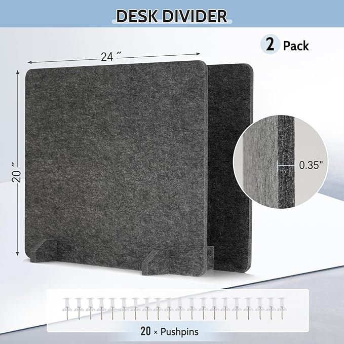 2 Pack Acoustic Desk Dividers - 24" x 20" Freestanding Privacy Panels Set with Noise - Reducing Design Cubicle Sound Proof, Ideal for Office, Classroom, and Home (Dark Gray)