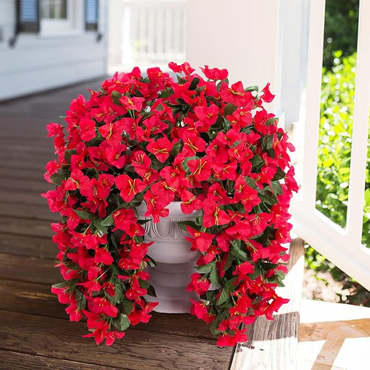 Faux Bougainvillea Artificial Flowers Plants for Outdoor Outside Decoration, 2 PCS Red Fake Flowers UV Resistant Look Real Silk Long Trailing Vines for Front Door Porch Planter Urn Patio Garden Yard