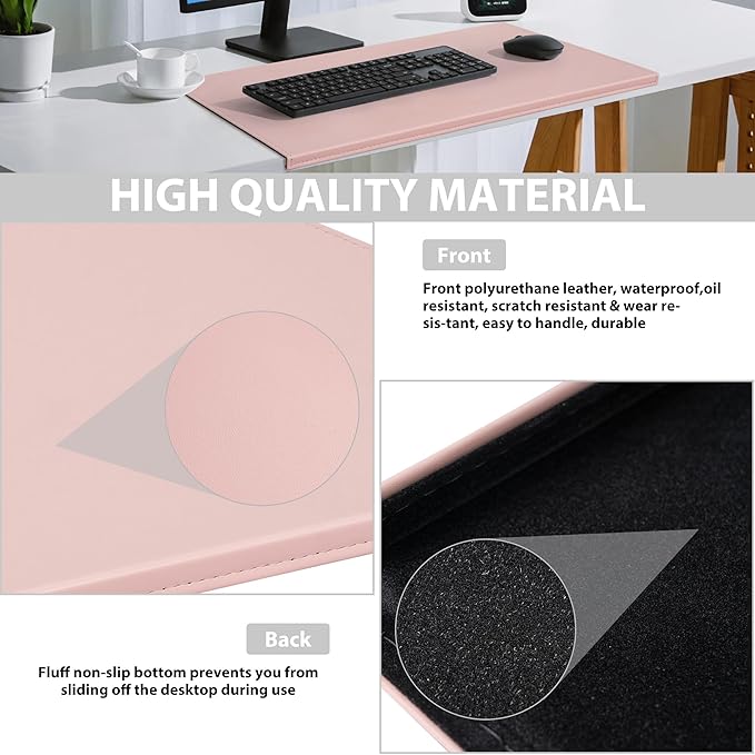 AKOZLIN 27.55”x 15.8" Soft PU Leather Surface Office Desk Mouse Mat Anti-Push Pad with Full Grip Fixation Lip Table Blotter Edge-Locked Protector Pink