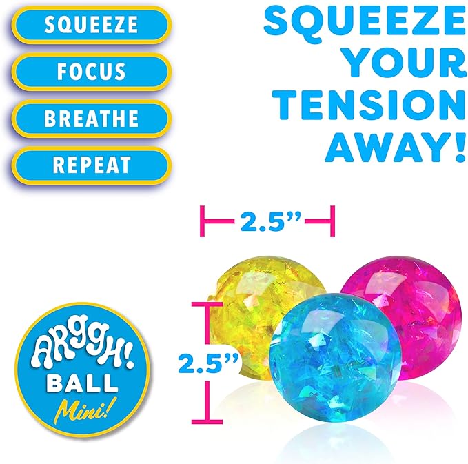 Power Your Fun Arggh Glitter Mini Stress Balls for Adults and Kids - 3pk Squishy Stress Ball Fidget Toys, Sensory Toys and Stress Relief Mini Squishy Toys Squeeze Ball Toy (Yellow, Pink, Blue)