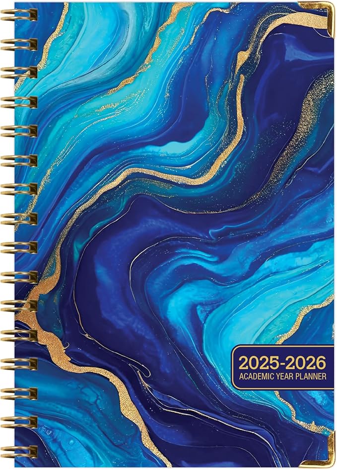 HARDCOVER Academic Year 2025-2026 Planner: (June 2025 Through July 2026) 5.5"x8" Daily Weekly Monthly Planner Yearly Agenda. Bookmark, Pocket Folder and Sticky Note Set (Dark Blue Marble)