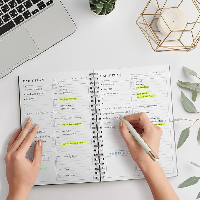 Daily Planner Undated, Asten To Do List Notebook Hourly Schedules Spiral Appointment Planner for Men and Women,PVC Hardcover,Elastic Closure, Inner Pocket 8.3" x 5.8" (Gray)