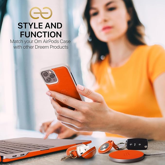 Dreem Om Case Cover with Keychain Clip Compatible with AirPods Pro 2/Pro, Protective One-Piece Hard Shell, Luxury Vegan Leather AirPod Pro Case 2nd/1st Generation with Separate Clip [Orange]