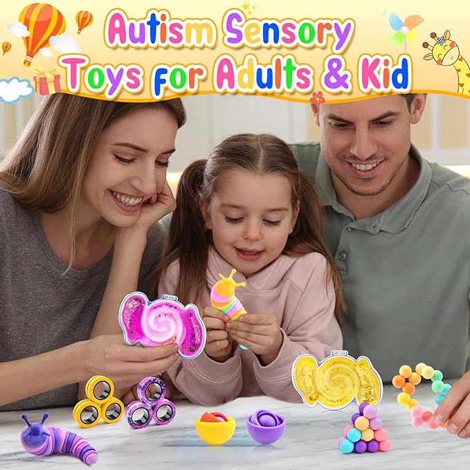 Cevioce 10Pcs Fidget Toys Adults Pack,Stocking Stuffers for Teens Boys Girls,Autism Sensory Toys with Fidget Spinner Slug Magnetic Rings,Squishy Fidget Toys ADHD Stress Relief,Party Favor for Kid-PY