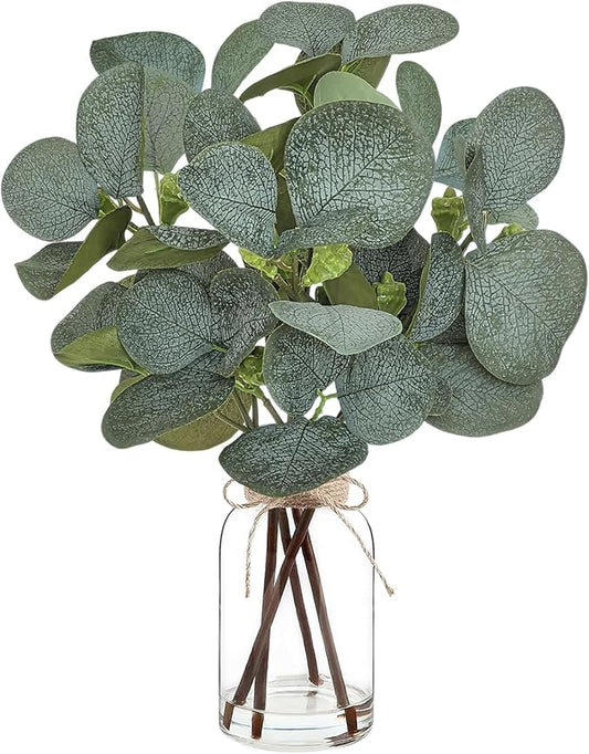 Artificial Eucalyptus Stems in Glass Vase with Faux Water,Artificial Plants Eucalyptus Leaves for Shelf Desk Bathroom Farmhouse Room Coffee Table Home Decor, Central Decoration.