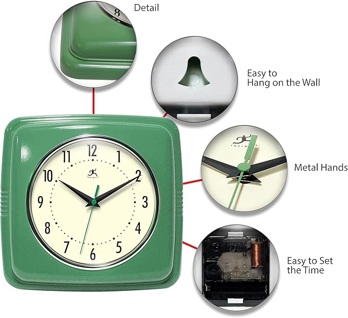 Infinity Instruments Square Silent Retro 9 inch Mid Century Modern Kitchen Diner Retro Wall Clock Quartz Sweep Movement (Green)
